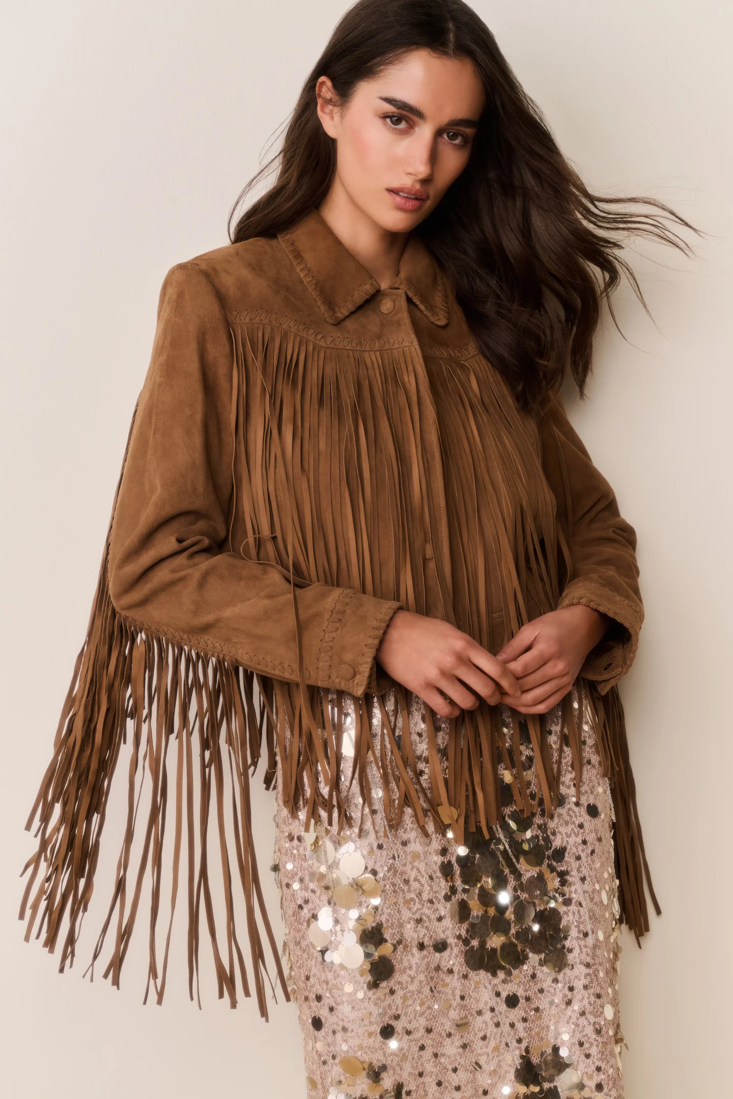 Chaqueta de Cuero Suede con Borlas Maelis