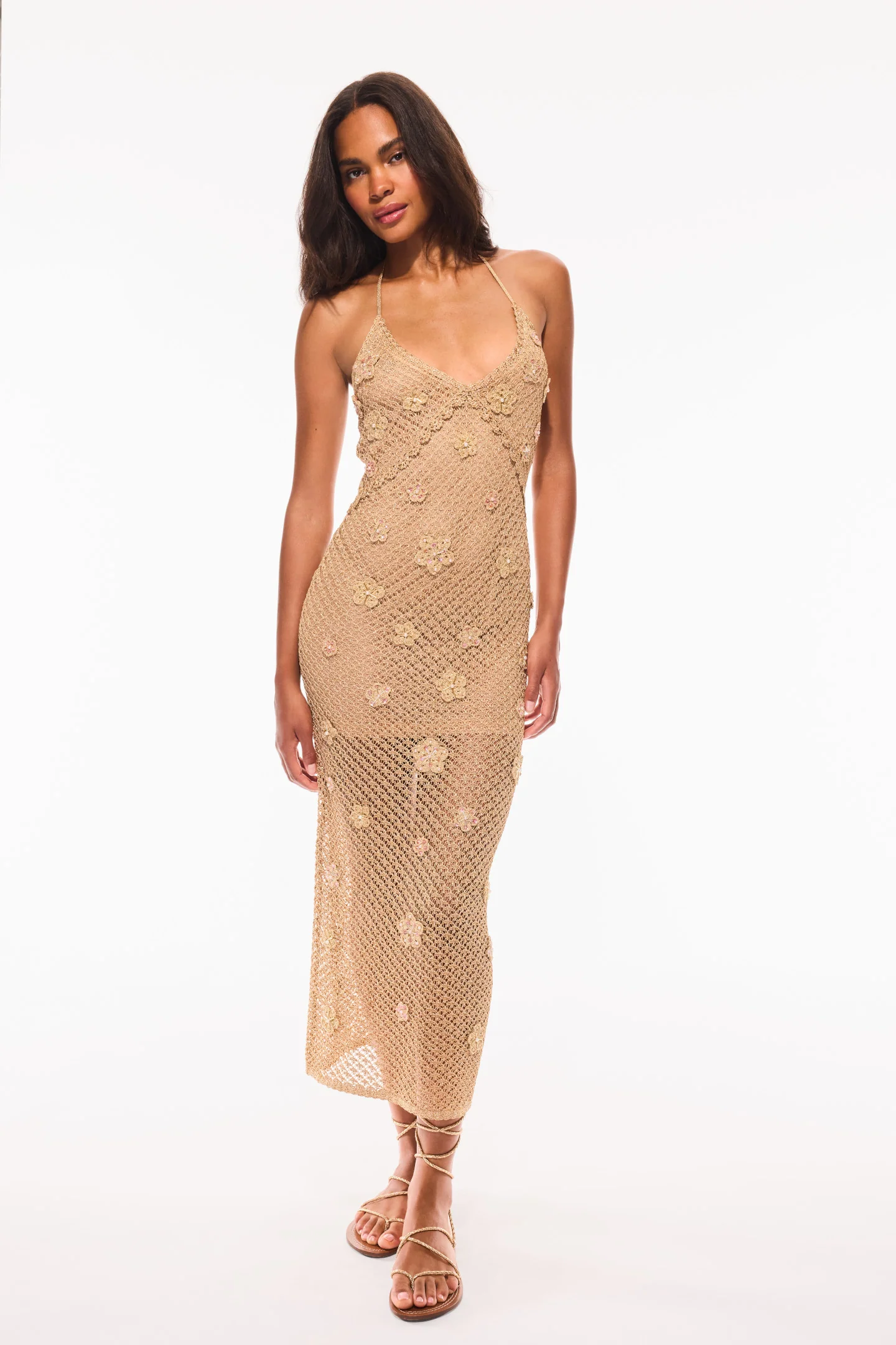 Vestido de encaje metálico con cuello halter Vreya