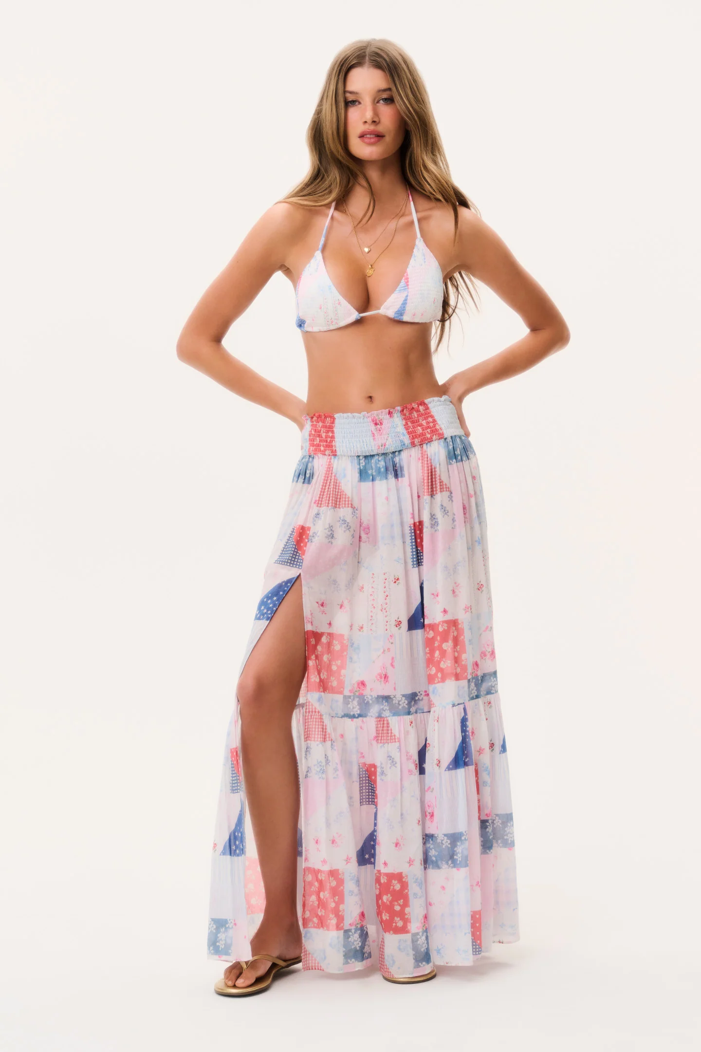 Falda maxi con estampado de patchwork marrón