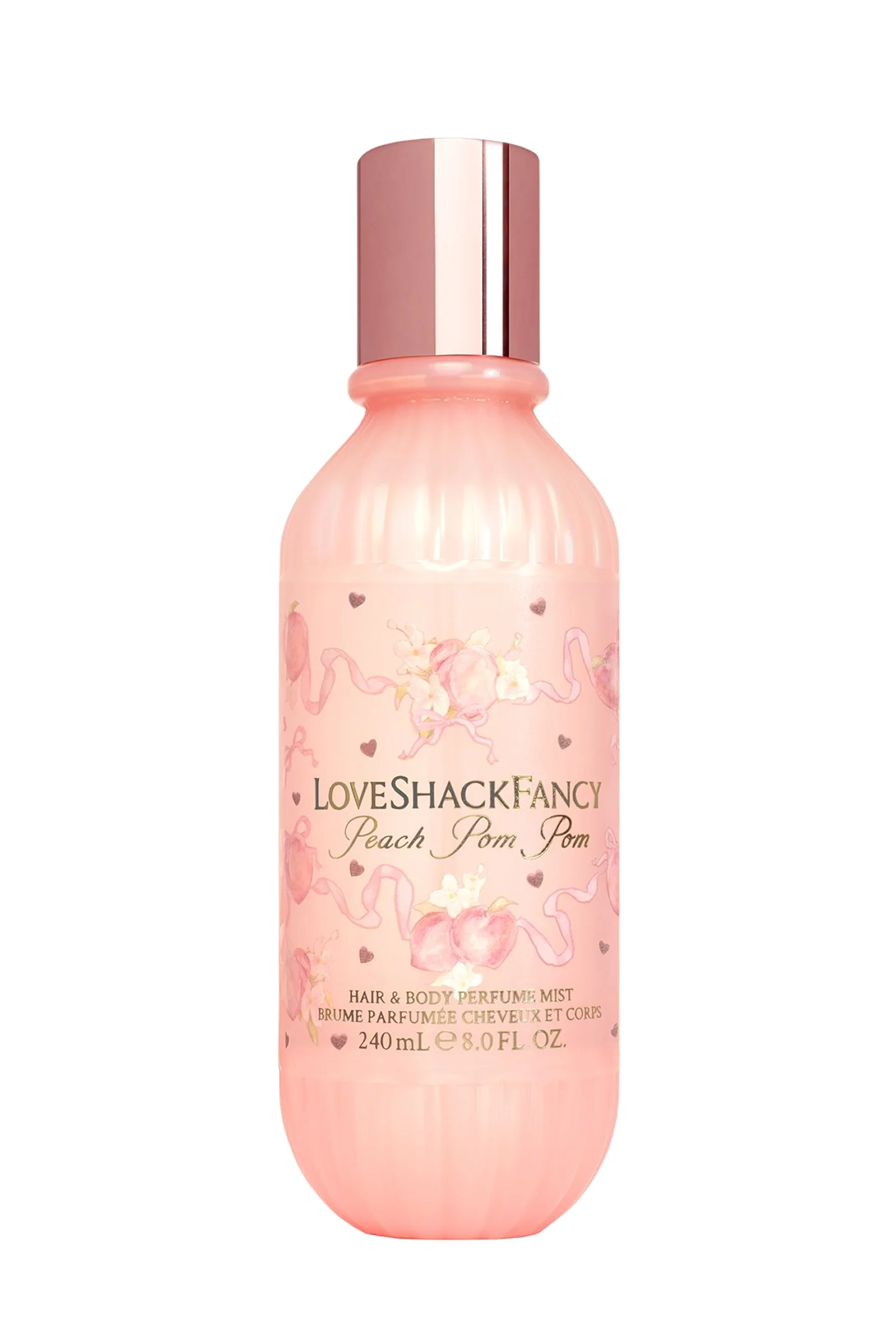 Perfume de cuerpo y cabello con pompones de durazno y durazno confitado y azúcar cristalizado