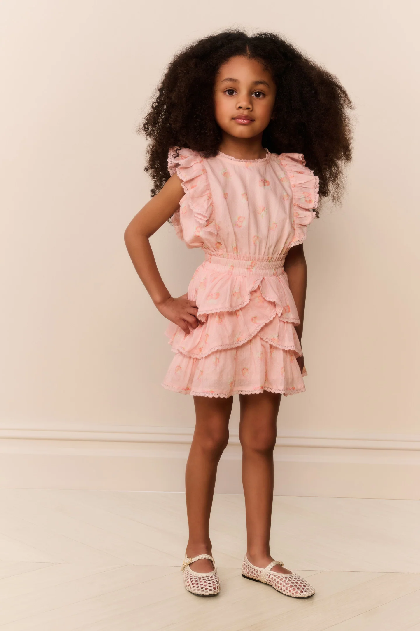 Vestido Decker de Pompón Melocotón para Niñas Pequeñas