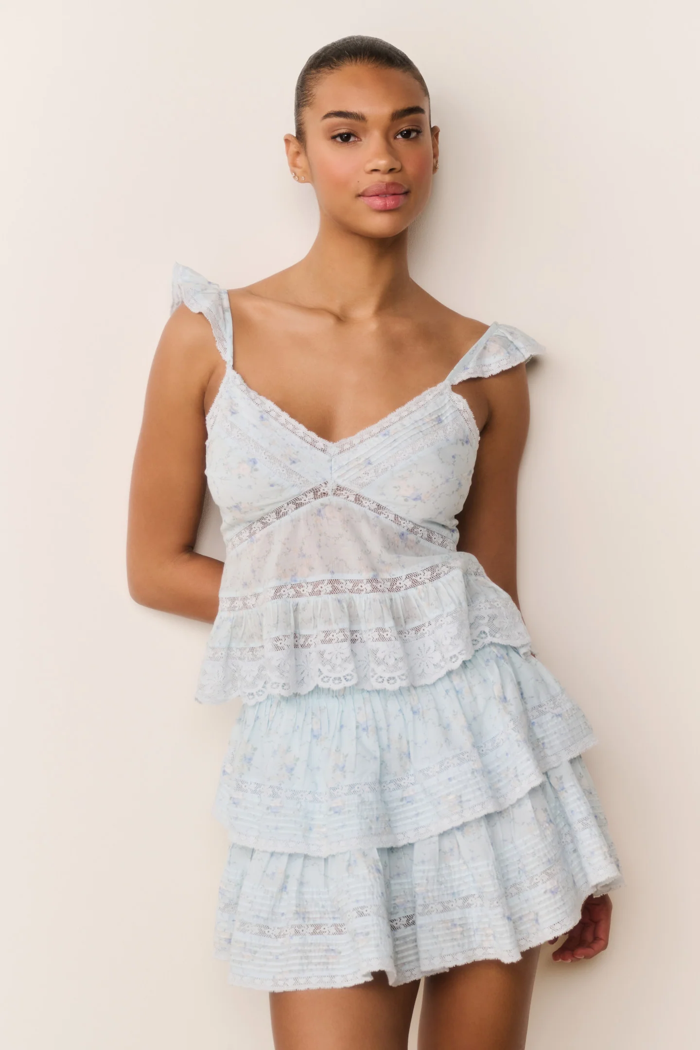 Falda con estampado de guirnalda floral mini con volantes